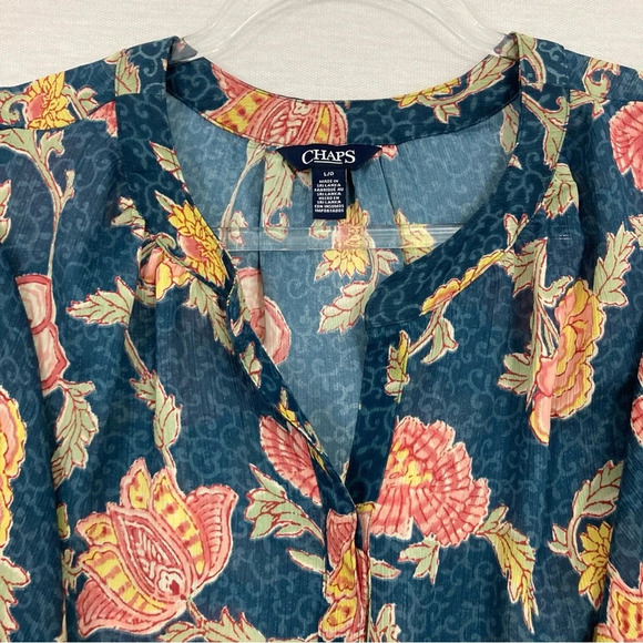 Chaps Blue Red Floral Soft Comfy Lightweight Short Sleeve Popover Top Large - Picture 3 of 10
